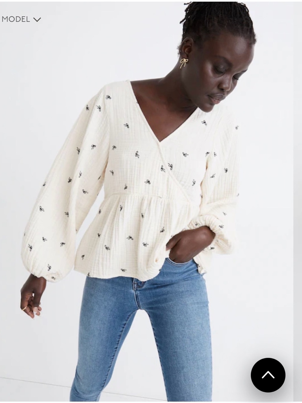Madewell Women’s Cream Lightspun Peplum Wrap Peplum Blouse with Black Bows